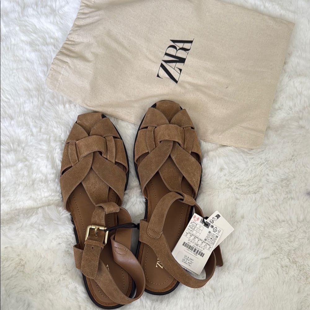 Zara Tan Leather Sandals with Woven Design NWT size 39